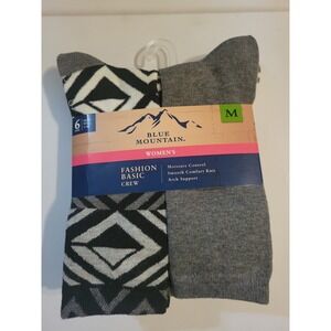 NWT Blue Mountain Socks 6pair Fashion Basic crew Gry, Blk, Wht Women's sz M 5-10